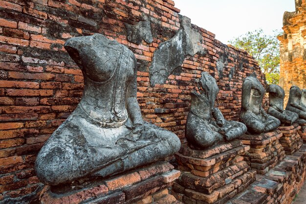 Estatua de Buda en el parque histórico de Ayutthaya, templo budista Wat Chaiwatthanaram en Tailandia.