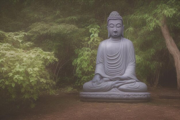 Una estatua de buda se sienta en un bosque con las palabras buda en el frente