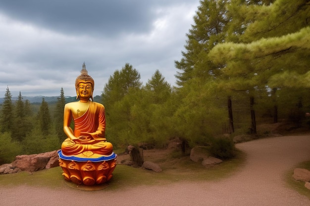 Una estatua de Buda se sienta en una roca en las montañas