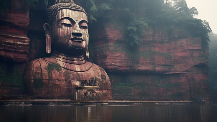 Foto gratuito estatua de buda tallada en la montaña