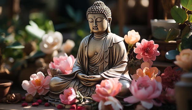 Foto gratuita la estatua meditando en posición de loto simboliza la espiritualidad y la relajación generada por la inteligencia artificial.