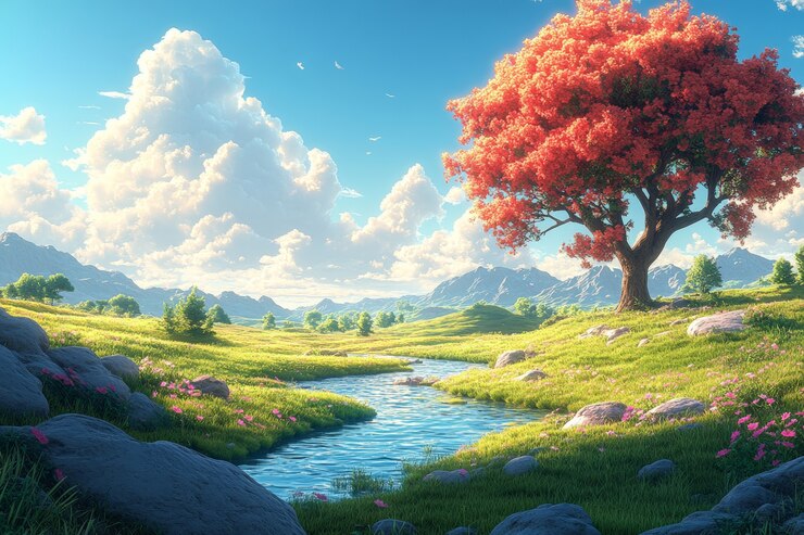 Foto gratuito estilo de arte digital río y paisaje natural