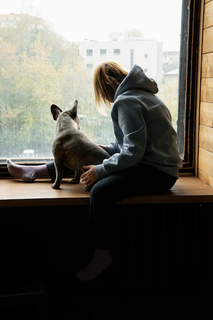 Foto gratuita estilo de vida y cuidado del perro con el dueño.