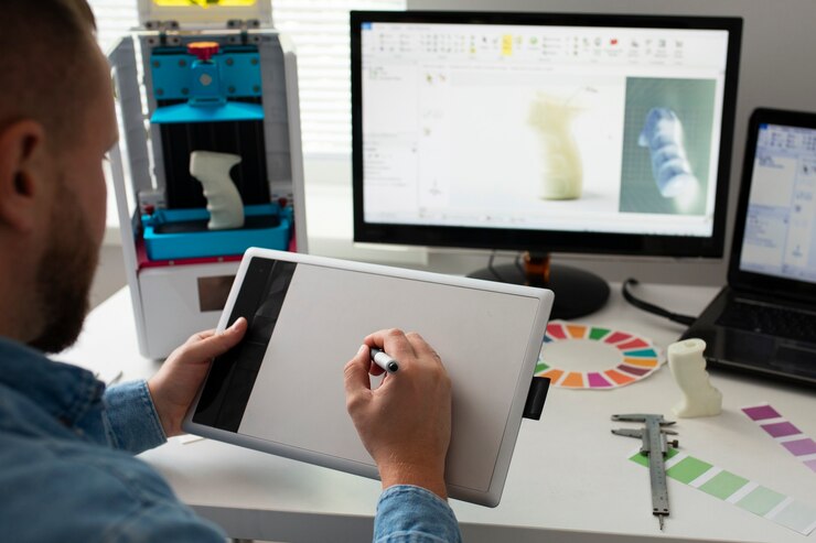 Foto gratuito el estilo de vida del diseñador usando una impresora 3d.