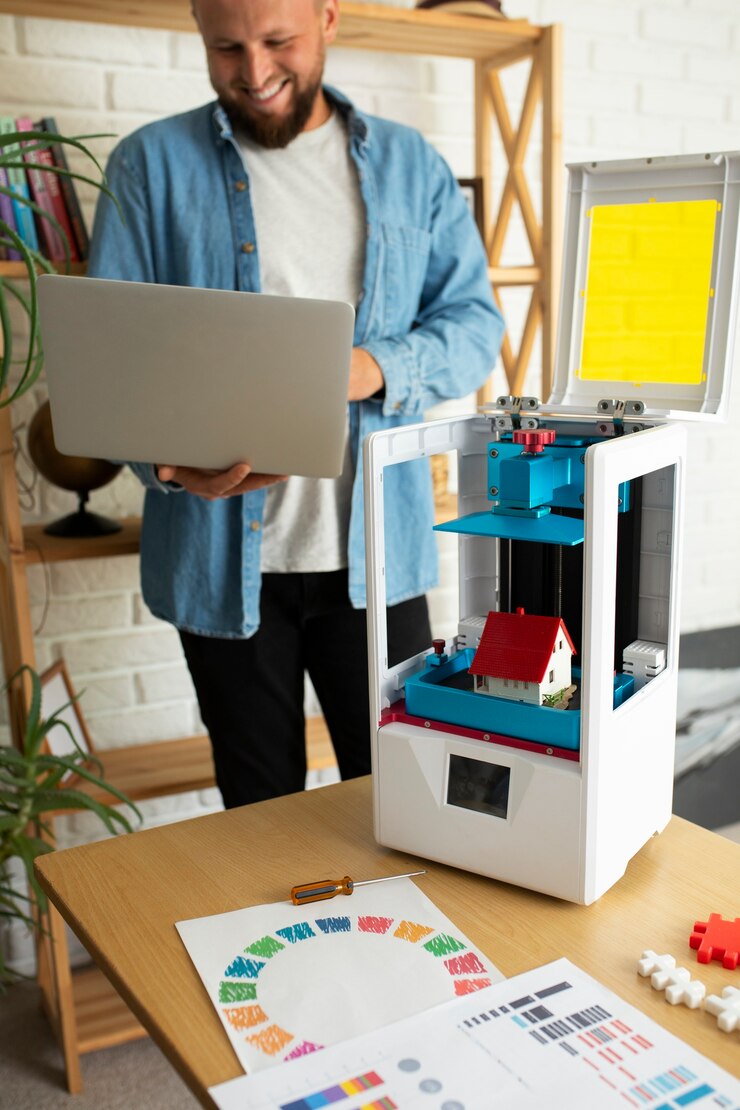 Foto gratuito el estilo de vida del diseñador usando una impresora 3d.
