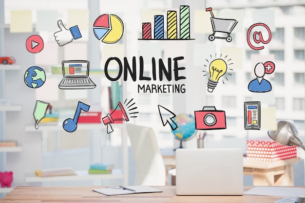 Foto gratuita estrategia de marketing online con dibujos