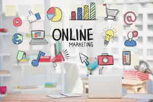 Foto gratuita estrategia de marketing online con dibujos