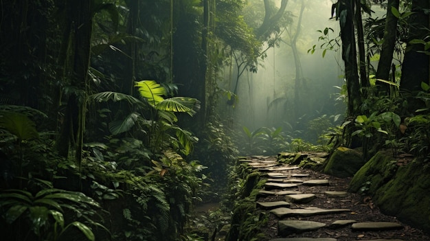 Un estrecho sendero sinuoso a través de la jungla envuelto en niebla con la promesa de maravillas no descubiertas un