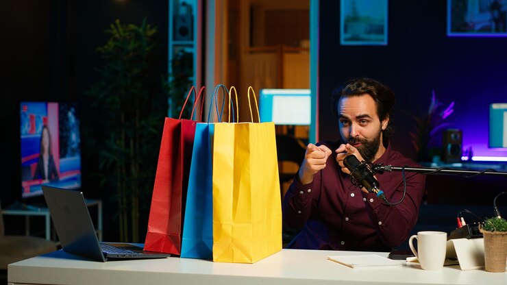 Foto gratuito estrella de los medios emocionada con bolsas de compras de colores