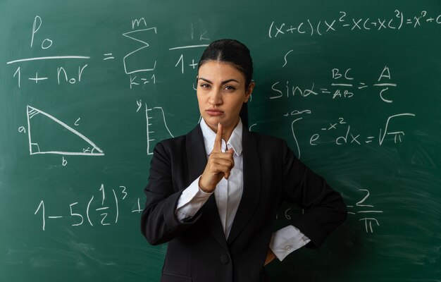 Estricta joven maestra de pie delante de los puntos de la pizarra en la parte delantera poniendo la mano en la cadera en el aula