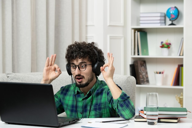 Estudiante en línea lindo joven que estudia en la computadora con gafas en camisa verde que muestra un gesto correcto
