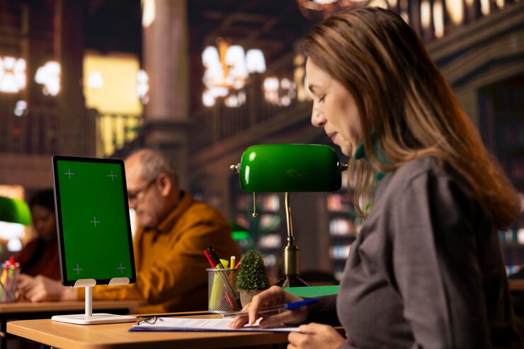 Foto gratuito estudiante madura leyendo y escribiendo en el escritorio junto a la pantalla verde