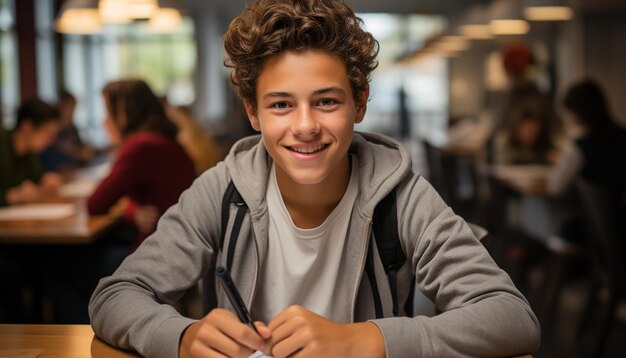 Estudiante sonriente estudiando en interiores mirando a la cámara con felicidad generada por inteligencia artificial