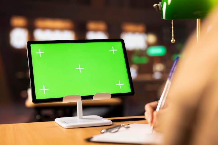 Foto gratuito una estudiante universitaria escribe su tarea al lado de una pantalla de teclas de croma aislada en una tableta