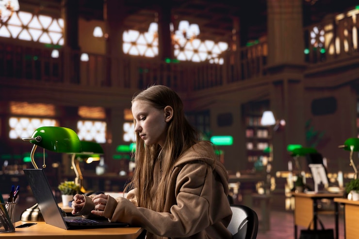 Foto gratuito estudiante universitaria trabajando en su portátil bajo una lámpara verde en un entorno tranquilo