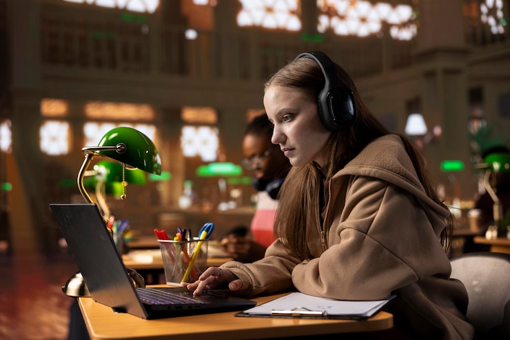 Foto gratuito estudiante universitario escuchando música terapéutica para crear el ambiente perfecto