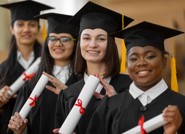 Estudiantes graduados vistiendo toga y birrete plano medio