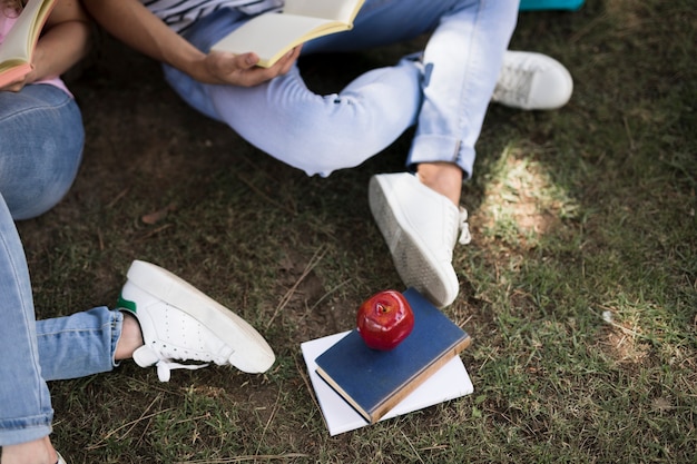 Estudiantes leyendo cuadernos mientras están sentados en el pasto