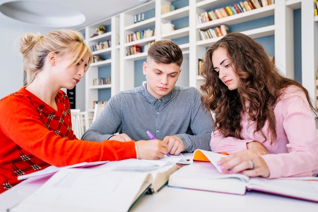 Estudiantes que estudian juntos en la biblioteca