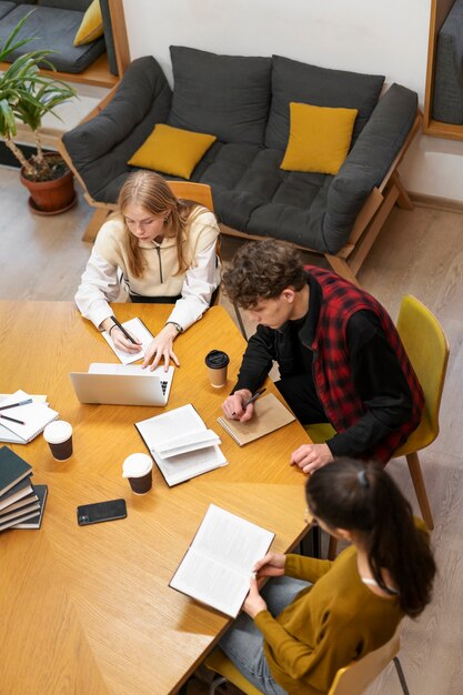 Estudiantes trabajando en grupo de estudio.