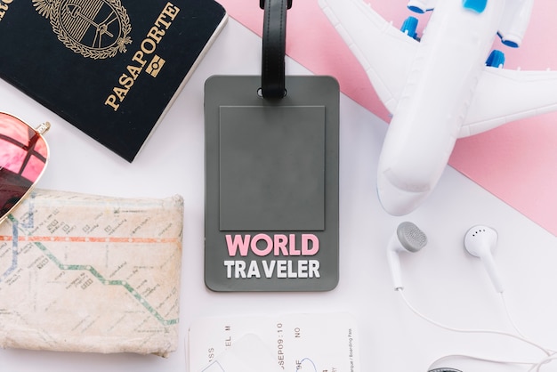 Etiqueta de viajero mundial con pasaporte; mapa; avión de juguete; auricular sobre fondo blanco
