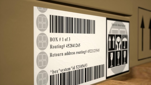 Etiquetas en los paquetes en el centro de almacén con etiquetas de identificación de envío expreso