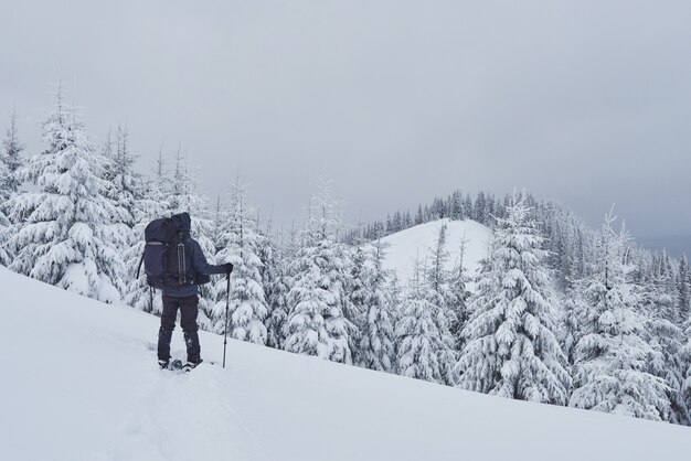 El excursionista, con mochila, está subiendo a la cordillera y admira el pico nevado. Aventura épica en el desierto de invierno
