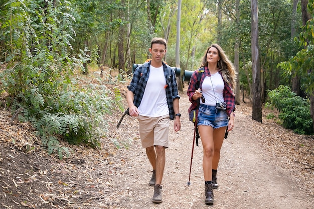 Excursionistas caucásicos caminando o haciendo senderismo en el sendero del bosque rodeado de árboles de montaña. Mujer bonita y guapo caminando juntos por el bosque. Concepto de turismo, aventura y vacaciones de verano.