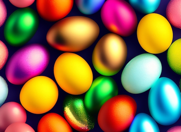 Una exhibición colorida de huevos coloridos con la palabra pascua en la parte inferior.