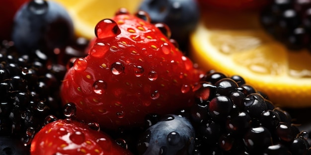 Foto gratuita exhibición jugosa de cítricos y bayas relucientes con gotas de agua dulce