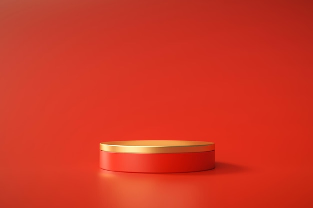 Exhibición de producto de pedestal de podio de cilindro rojo y dorado año nuevo chino o día de san valentín fondo abstracto de lujo representación 3D
