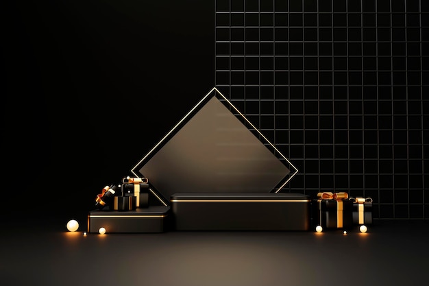 Exhibición de producto de pedestal de podio de lujo negro y dorado mínimo y representación 3d de fondo de caja de regalo