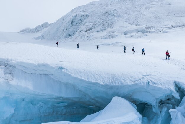 Expedición de excursionistas en las montañas nevadas