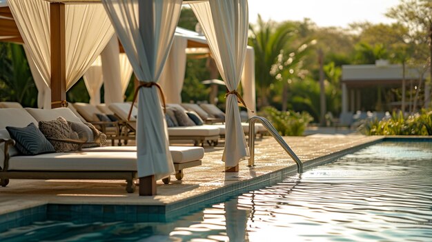 Una experiencia de lujo junto a la piscina donde los huéspedes disfrutan de la opulencia de las cabañas.