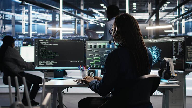 Foto gratuito un experto en centros de datos examina la interfaz de árbol de nodos que proporciona soporte técnico