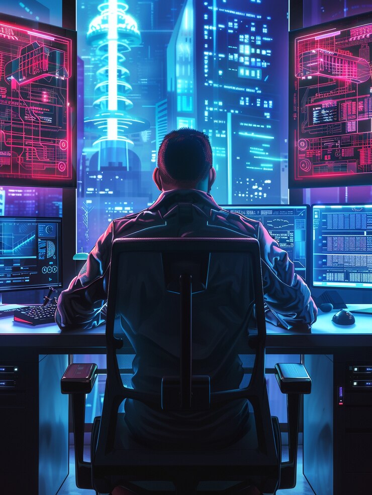 Foto gratuito experto en ciberseguridad que trabaja con tecnología en luces de neón