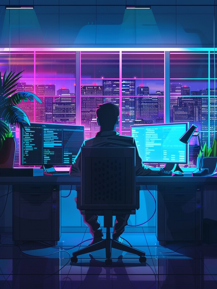 Foto gratuito experto en ciberseguridad que trabaja con tecnología en luces de neón