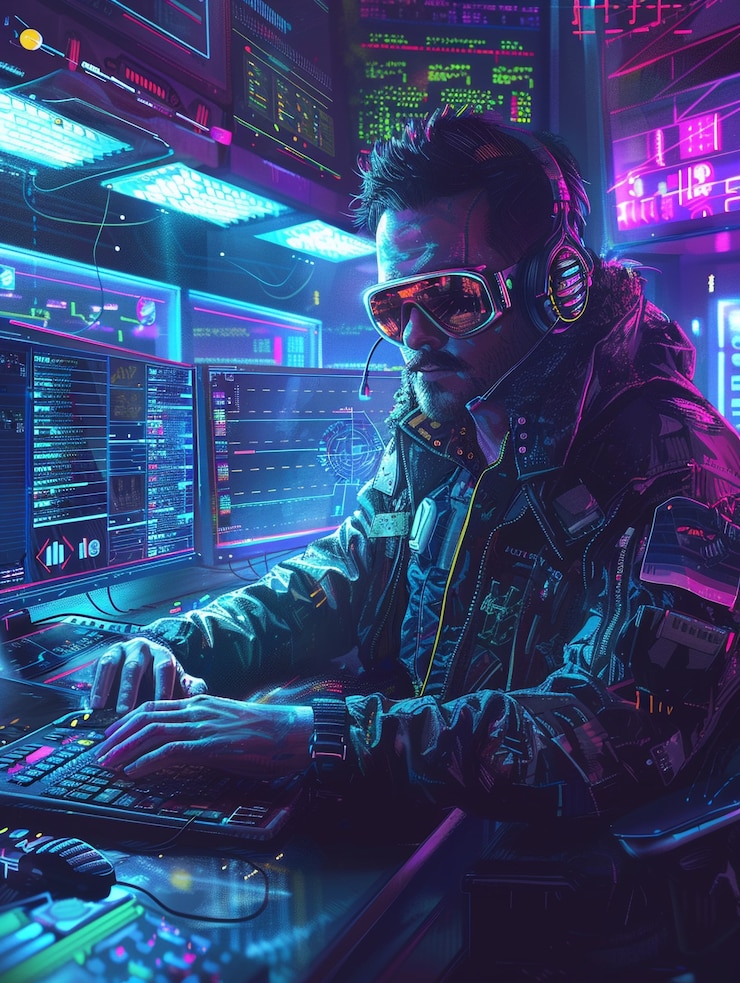 Foto gratuito experto en ciberseguridad que trabaja con tecnología en luces de neón