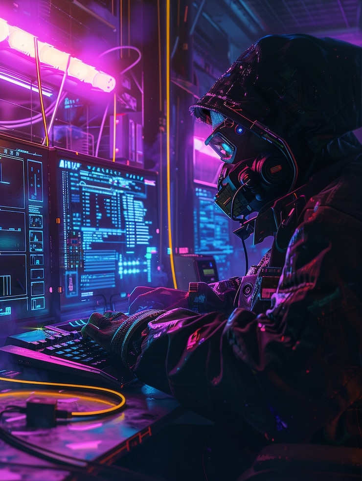 Foto gratuito experto en ciberseguridad que trabaja con tecnología en luces de neón