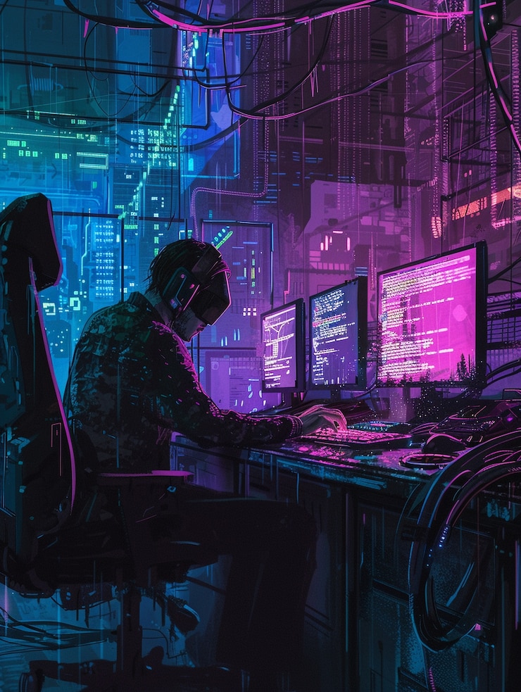 Foto gratuito experto en ciberseguridad que trabaja con tecnología en luces de neón