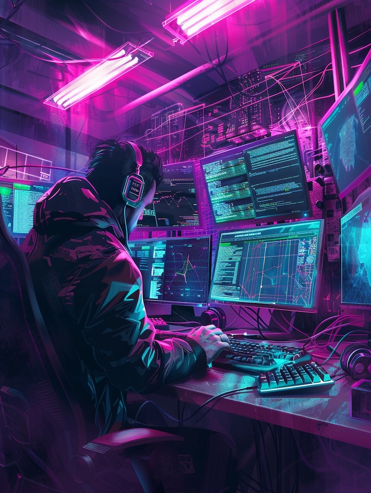 Foto gratuito experto en ciberseguridad que trabaja con tecnología en luces de neón