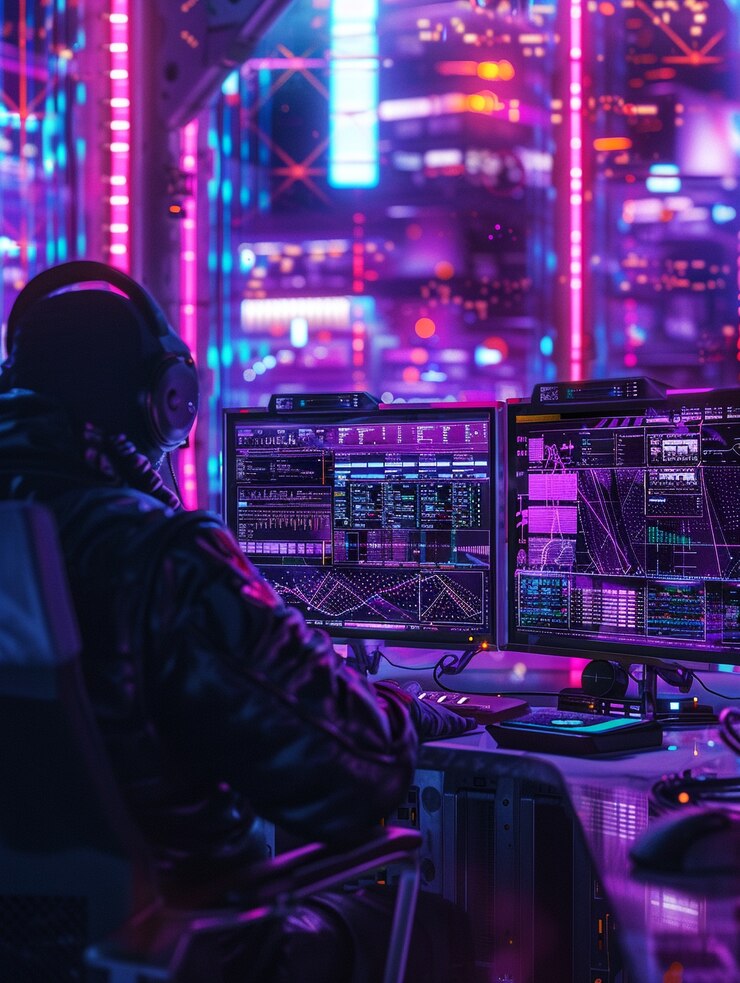 Foto gratuito experto en ciberseguridad que trabaja con tecnología en luces de neón