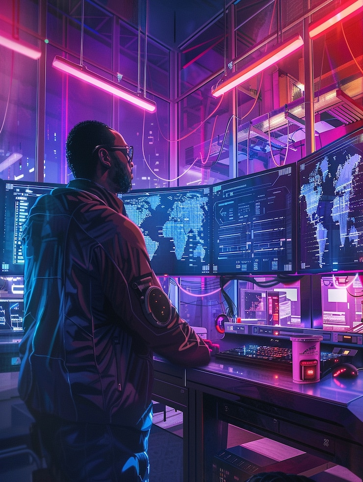 Foto gratuito experto en ciberseguridad que trabaja con tecnología en luces de neón