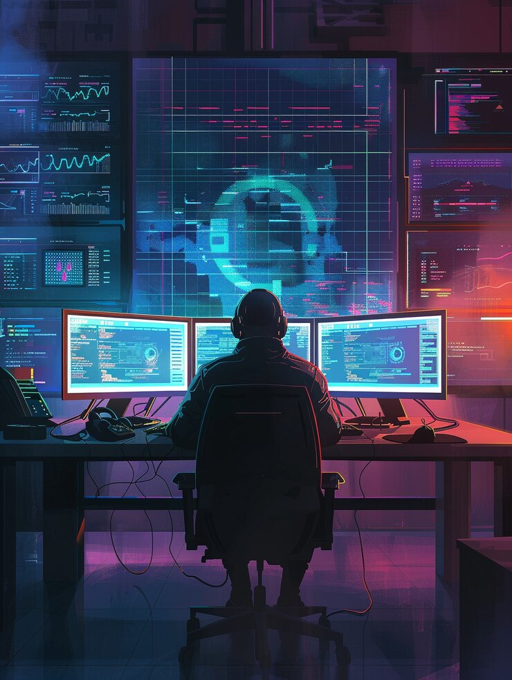 Foto gratuito experto en ciberseguridad que trabaja con tecnología en luces de neón