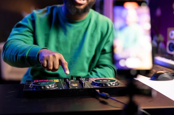 Foto gratuito experto en diseño de sonido filmando un tutorial sobre cómo aprender los controles básicos