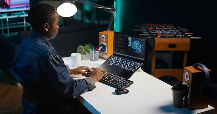 Foto gratuito un experto en ia escribe código en una computadora portátil en una oficina de apartamento.