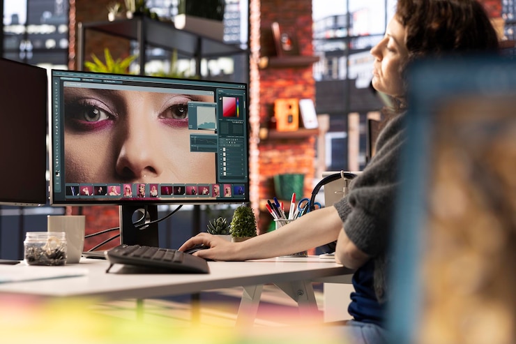 Foto gratuito experto en medios digitales que trabaja en la edición de fotos con un software profesional