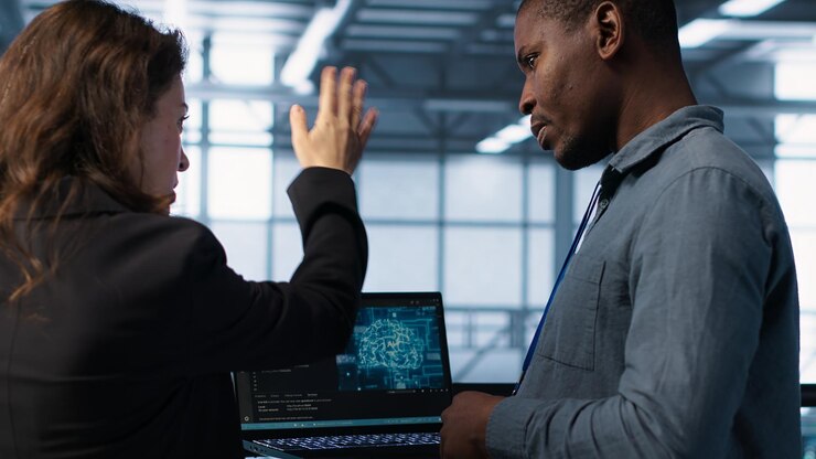 Foto gratuito experto en ti codificando en el portátil en la sala de servidores utilizando inteligencia artificial