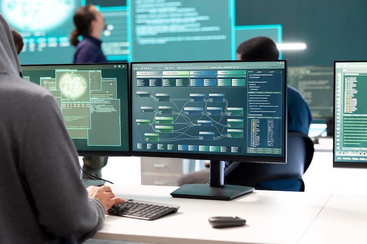 Foto gratuito expertos en ciberseguridad que trabajan en la detección de spyware y malware