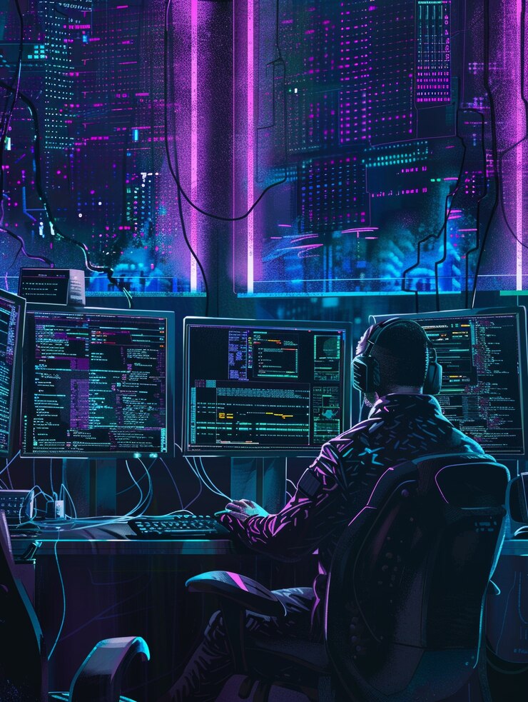 Foto gratuito expertos en ciberseguridad trabajando con dispositivos tecnológicos y luces de neón
